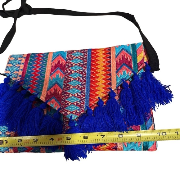 Ethnic Boho Large Clutch Suede Wristlet Bag Handmade Embroidery Tassels Indi NEW - Picture 9 of 13